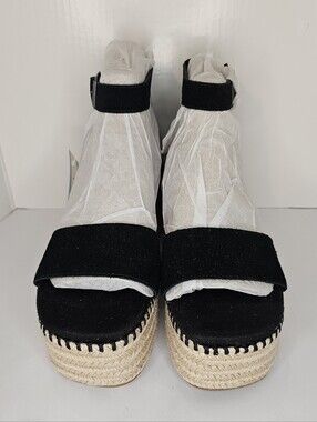 NWT TOMS Laila Black Suede Platform Espadrille Sandals Ankle Strap Women's 8.5